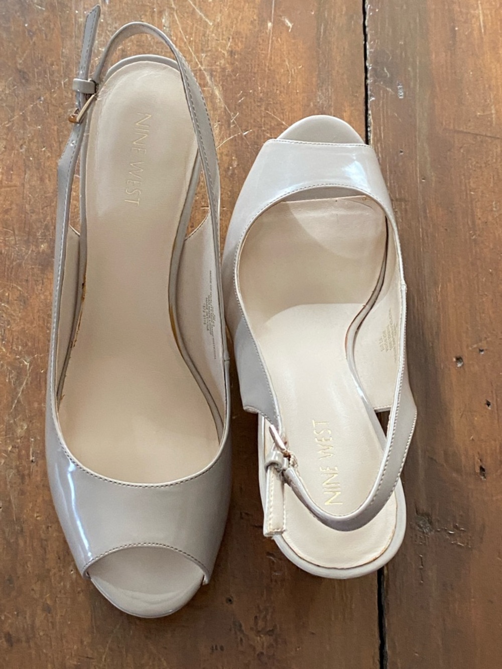Nine West Taupe Patent Peep-Toe Slingback Heels - Picture 8 of 15
